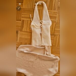 Cream Ribbed Knit Top with Tan Satin Skirt